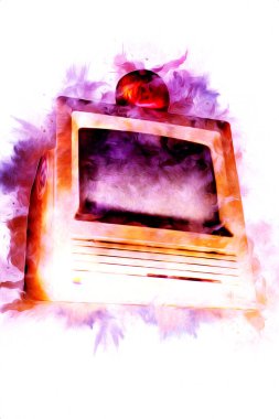 Eski bilgisayar sanatı illüstrasyonu, retro vintage makine, boya, çizim