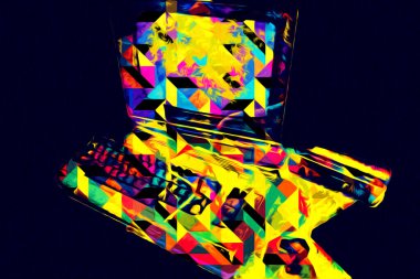 Eski bilgisayar sanatı illüstrasyonu, retro vintage makine, boya, çizim