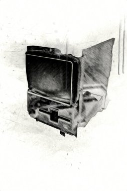 Eski bilgisayar sanatı illüstrasyonu, retro vintage makine, boya, çizim