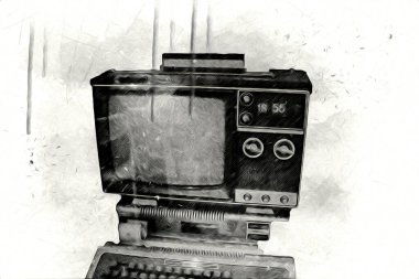 Eski bilgisayar sanatı illüstrasyonu, retro vintage makine, boya, çizim