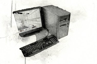 Eski bilgisayar sanatı illüstrasyonu, retro vintage makine, boya, çizim