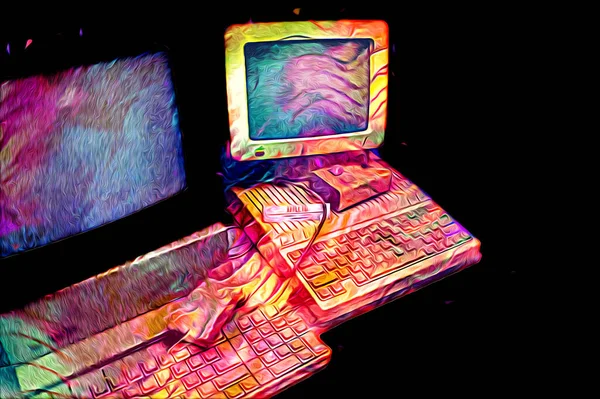 Old computer art illustration, retro vintage machine, paint, sketch