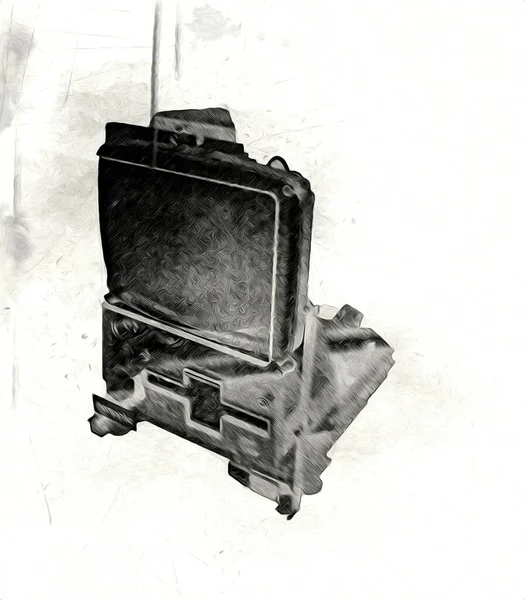 Eski bilgisayar sanatı illüstrasyonu, retro vintage makine, boya, çizim