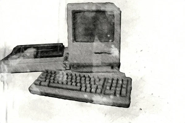 Old computer art illustration, retro vintage machine, paint, sketch
