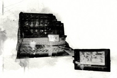 Eski bilgisayar sanatı illüstrasyonu, retro vintage makine, boya, çizim