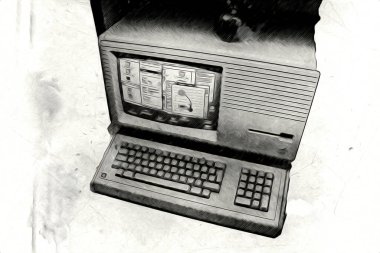 Eski bilgisayar sanatı illüstrasyonu, retro vintage makine, boya, çizim
