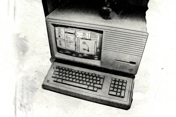 Old computer art illustration, retro vintage machine, paint, sketch