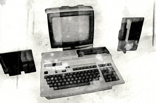 Old Computer Art Illustration Retro Vintage Machine Paint Sketch — Stock Photo, Image