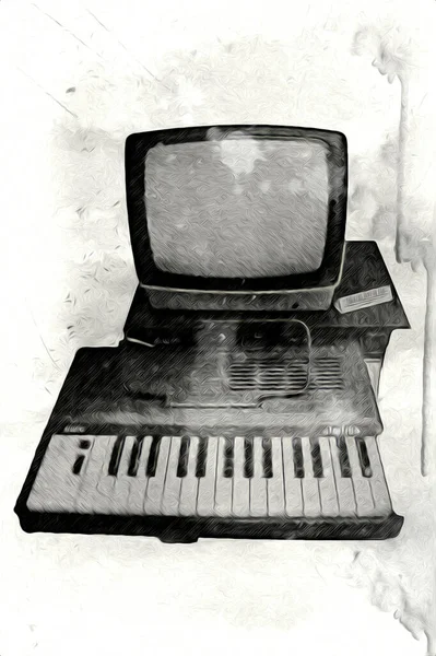 Old Computer Art Illustration Retro Vintage Machine Paint Sketch — Stock Photo, Image