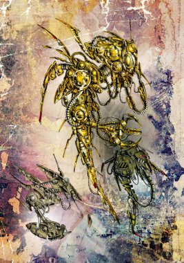 Cybernetic, visions, illustration of futuristic, metallic, science, fiction, male, humanoid,  cyborg, inside future world