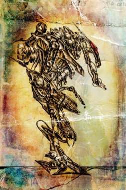 Cybernetic, visions, illustration of futuristic, metallic, science, fiction, male, humanoid,  cyborg, inside future world