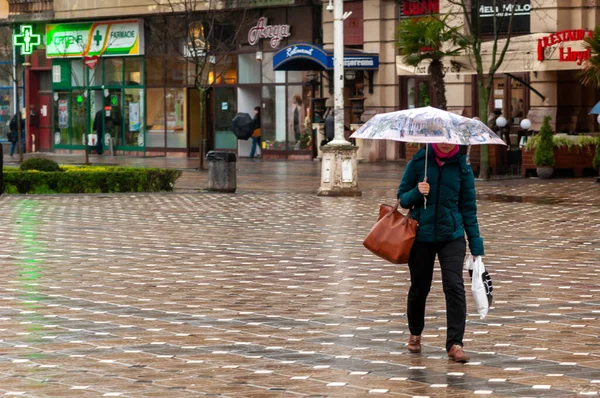 Timisoara Rumania Marzo 2016 Mujer Caminando Por Calle Bajo Lluvia — Foto de Stock
