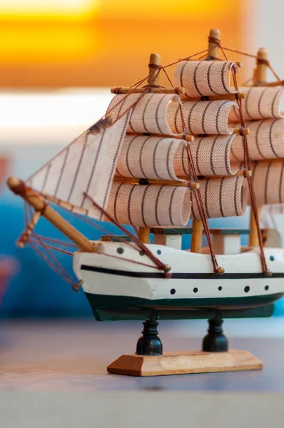 Close Toy Boat Made Wood Shallow Depth Field — Stock Photo, Image