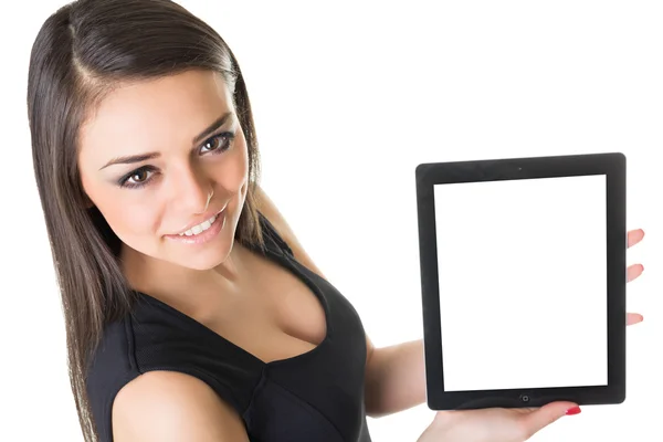 Piękna kobieta z komputera typu tablet — Zdjęcie stockowe