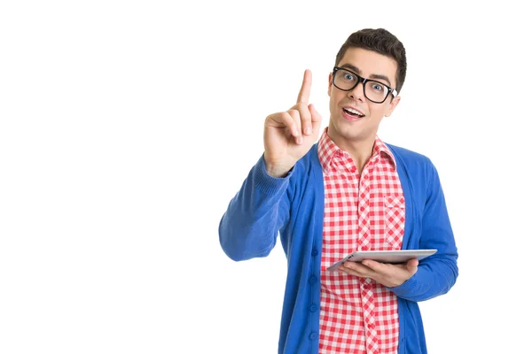 Young nerd man with digital tablet has an idea — Stock Photo, Image