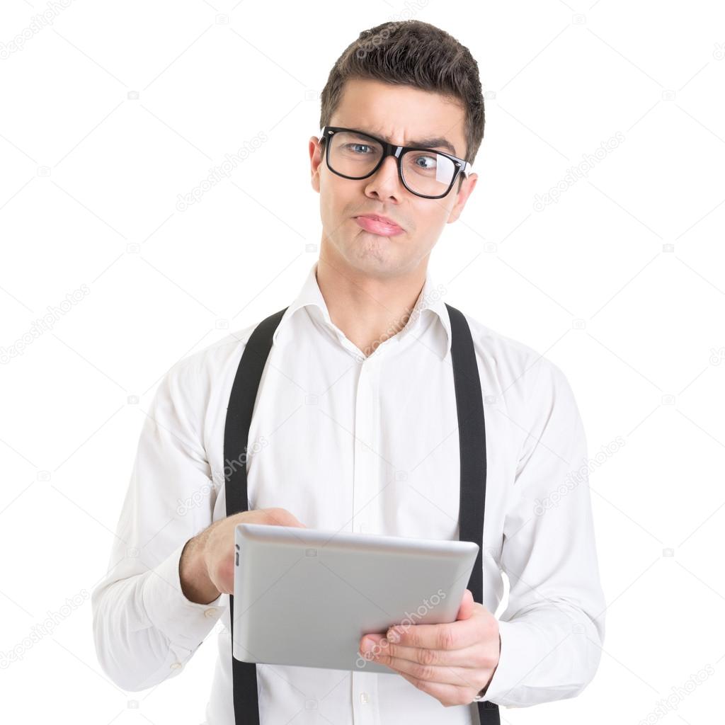 Weird facial expression businessman using digital tablet