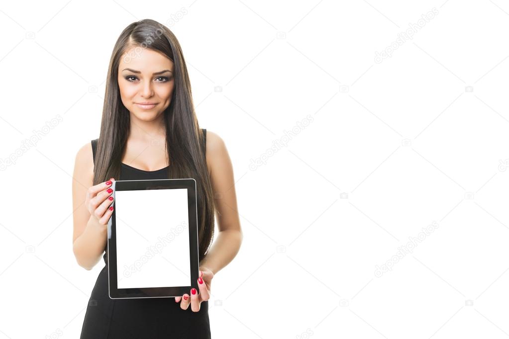 Gorgeous businesswoman showing blank tablet screen