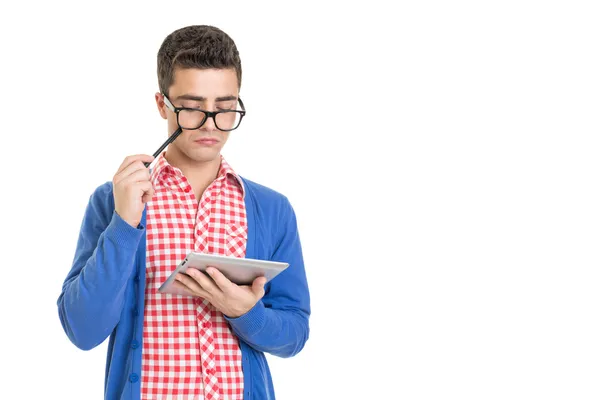 Young graphic designer with tablet having trouble — Stock Photo, Image