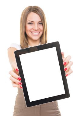 Cute young businesswoman smiling showing blank tablet screen