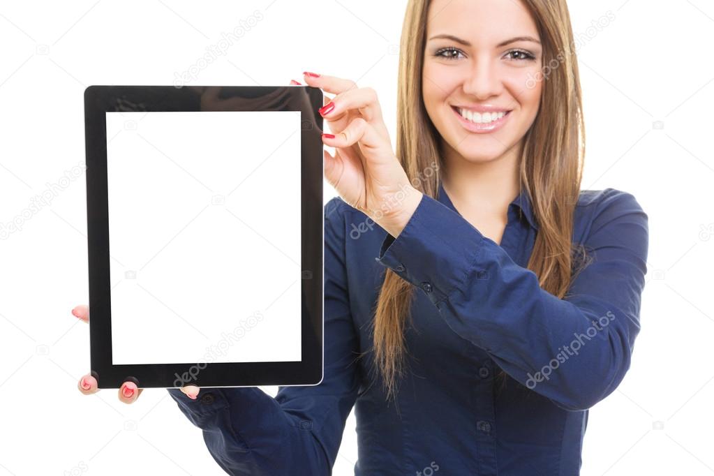 Friendly smiling young woman presenting your product