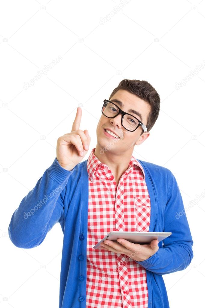 Young hipster man using tablet pointing with finger