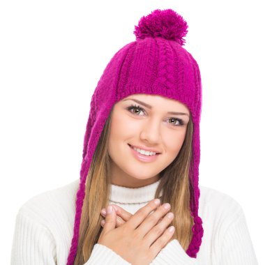 sevimli genç kız pembe örgü şapka