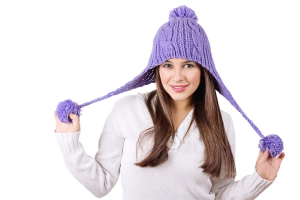 Cute woman with fashionable purple winter knitted hat — Stock Photo, Image