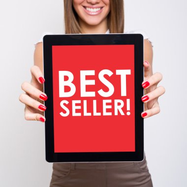 Woman showing tablet computer that states best seller clipart