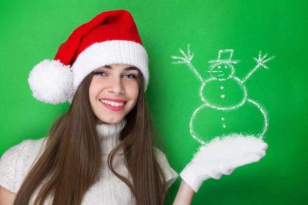 Menina Santa feliz com desenho de boneco de neve — Fotografia de Stock