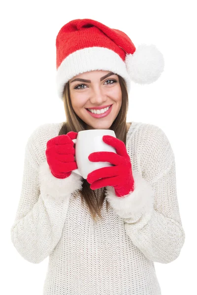 Bonito feliz santa menina beber Quente bebida — Fotografia de Stock