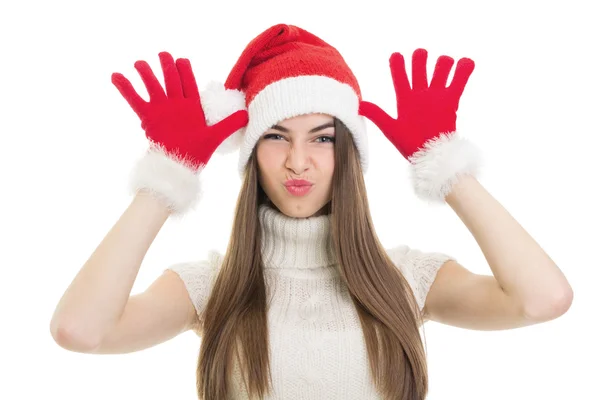 Gelukkig tienermeisje dragen santa muts plezier — Stockfoto