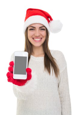 santa şapka gösteren akıllı telefon ekran ile genç kız