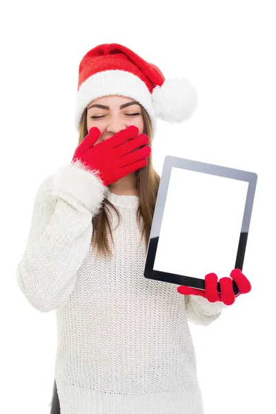 Schläfriges Weihnachtsmädchen mit Tablet-Computer — Stockfoto