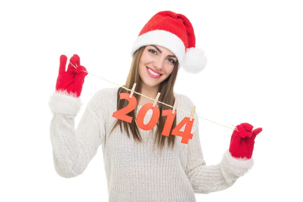 Χαριτωμένο εφηβικό κορίτσι που παρουσιάζει αριθμός διακόσμηση της Πρωτοχρονιάς — Φωτογραφία Αρχείου