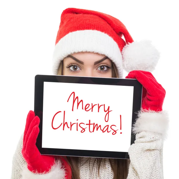 Ευτυχής νεαρή γυναίκα με καπέλο santa σας εύχεται καλά Χριστούγεννα — Φωτογραφία Αρχείου