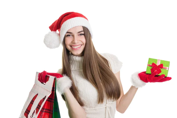 Happy young woman with shopping bags and gift box — Stock Photo, Image