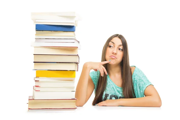 Adolescente chica con libros pensando —  Fotos de Stock