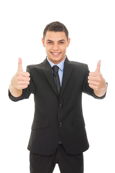 Pohledný podnikatel v obleku ukazuje palec — Stock fotografie