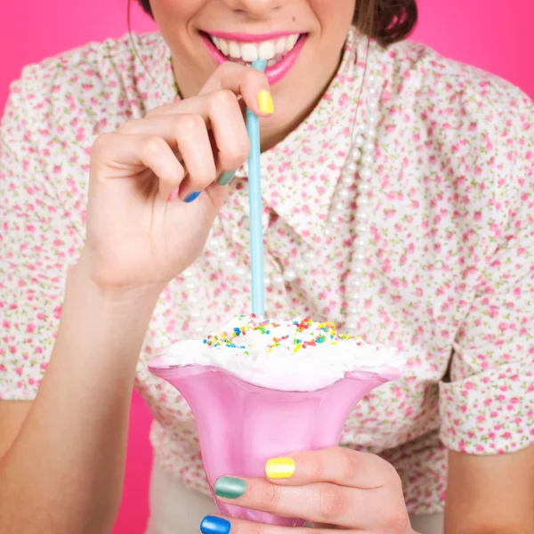 Vintage pin-up young woman with milk shake — Stock Photo, Image