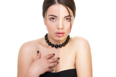 Beautiful young woman in black before and after retouch clipart