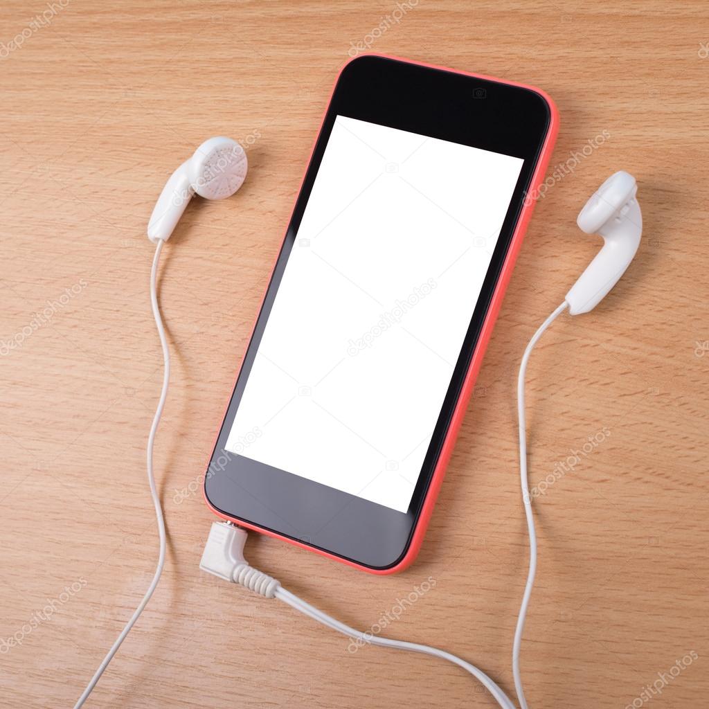 Download Smart Phone With Earphones On Wooden Surface Mockup Stock Photo Image By C Big Like 48702251