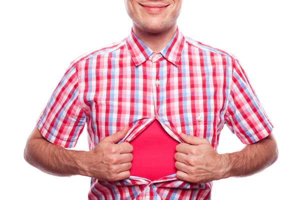 Blick auf glücklich lächelnden Hipster-Jungen, der sein Hemd auf weißem Hintergrund abreißt — Stockfoto