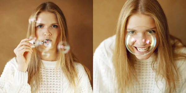 Dois retratos de uma menina fashinable engraçada e encantadora com gengibre — Fotografia de Stock