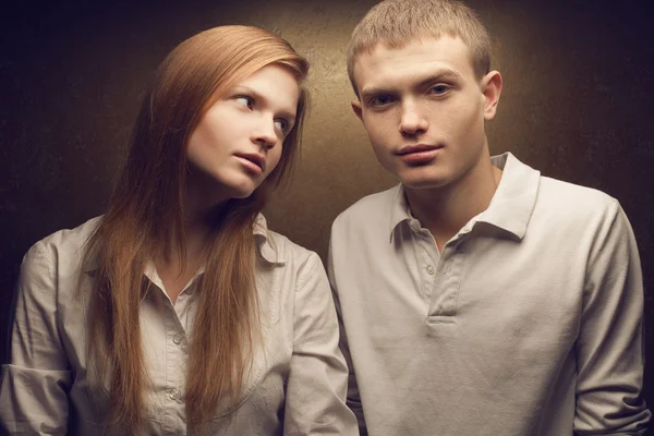 Emotive portrait of gorgeous red-haired fashion twins in white s — Stock Photo, Image