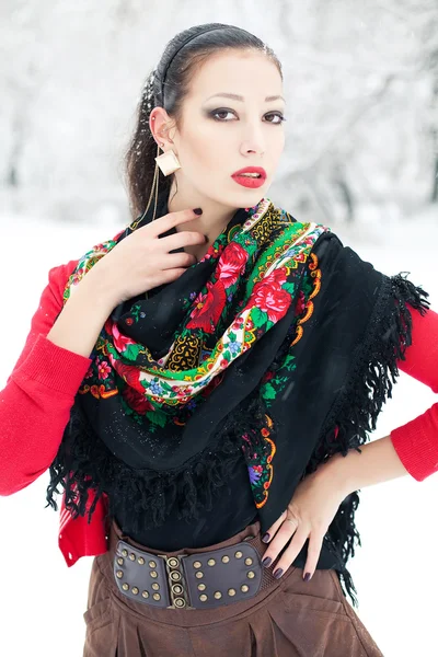 Wintermädchen in roter Strickjacke mit russischem Halstuch und Luxusfas — Stockfoto