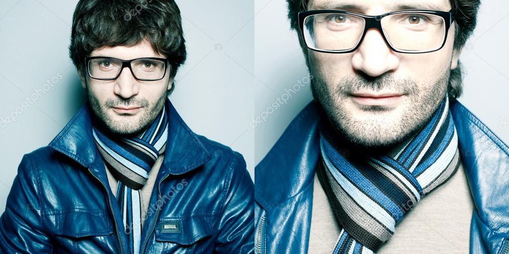 Collage of portraits of a fashionable handsome man in blue jacke