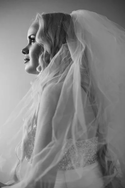 Retro portrait of a beautiful blonde bride posing over grey back — Stock Photo, Image