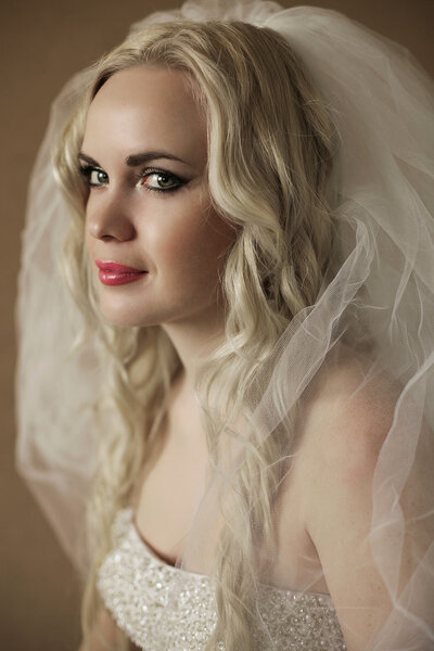 Portrait of a beautiful blonde bride posing over wooden backgrou