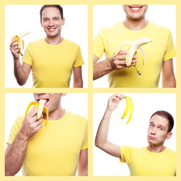 Koláž portrétů šťastný hezký boy v žluté tričko jíst — Stock fotografie