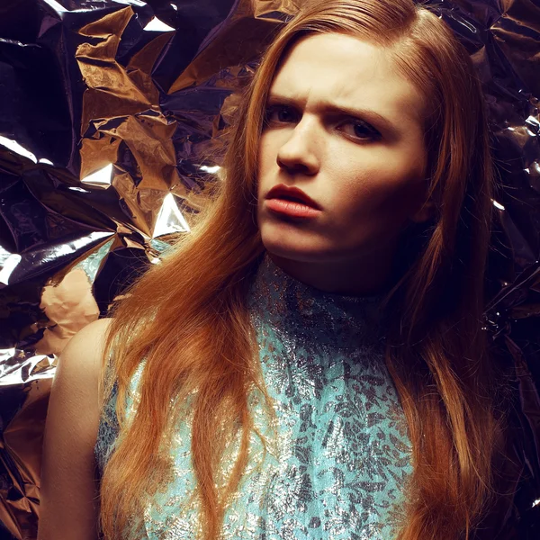 Vintage portrait of beautiful red-haired (ginger) woman with lon — Stock Photo, Image